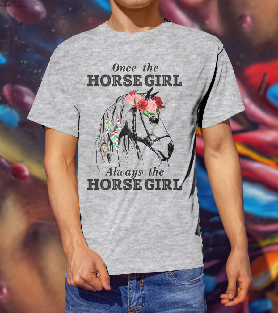 Once The HORSE GIRL Always The HORSE GIRL Floral Feather Adorned Horse T-Shirt