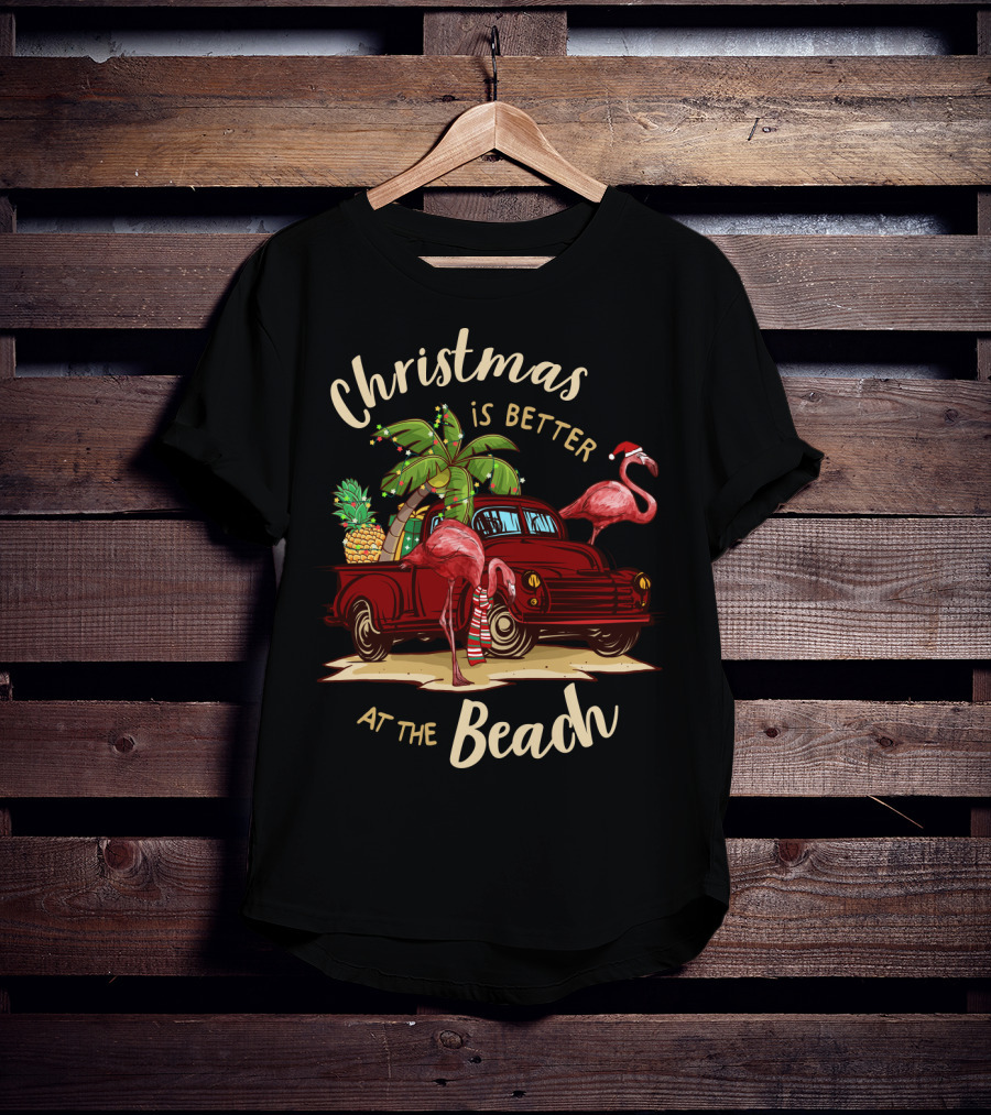 Christmas Is Better At The Beach With Flamingos And Palm Trees T-Shirt