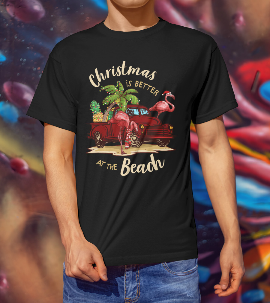Christmas Is Better At The Beach With Flamingos And Palm Trees T-Shirt