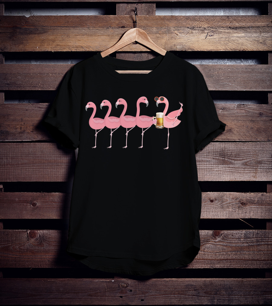 Beer Holding Flamingo With Sunglasses In A Row Of Pink Flamingos T-Shirt