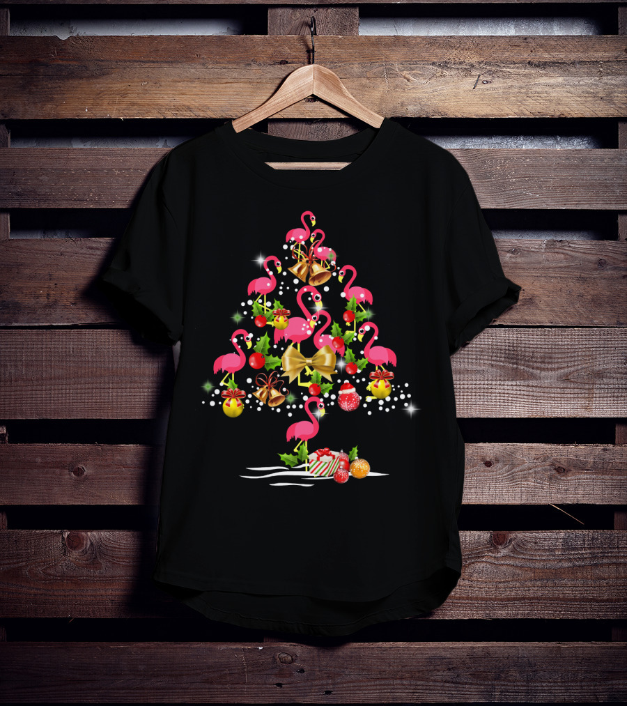 Flamingo Christmas Tree Festive Ornaments And Bells T-Shirt