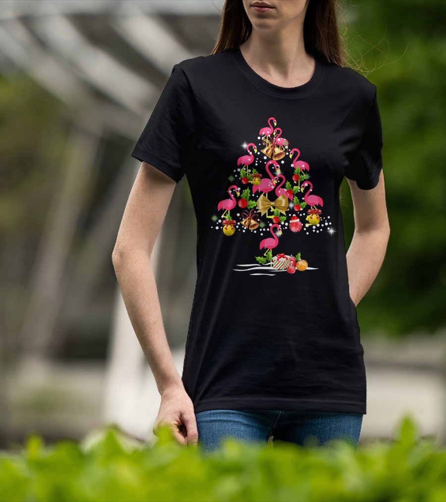 Flamingo Christmas Tree Festive Ornaments And Bells T-Shirt