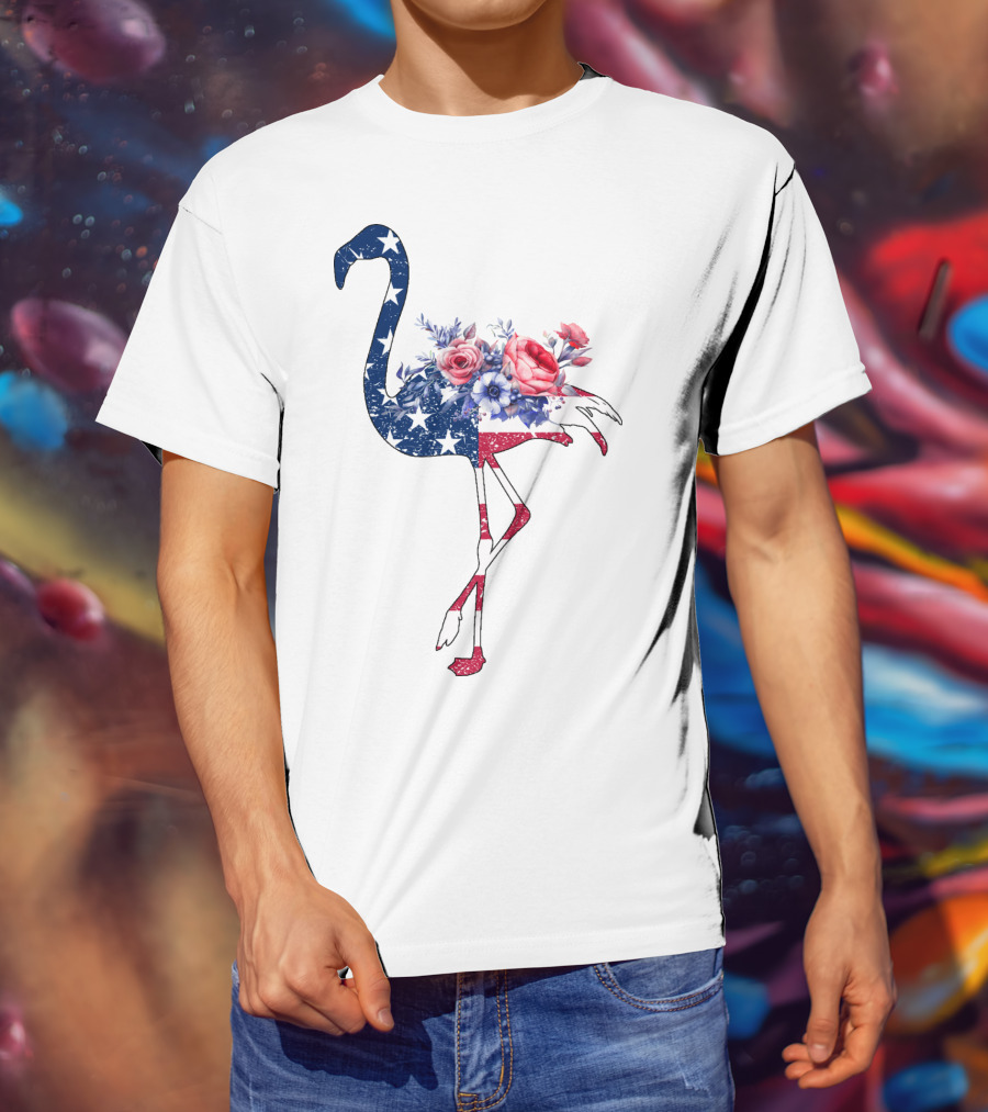 Flamingo American Flag Stars And Stripes With Floral T-Shirt