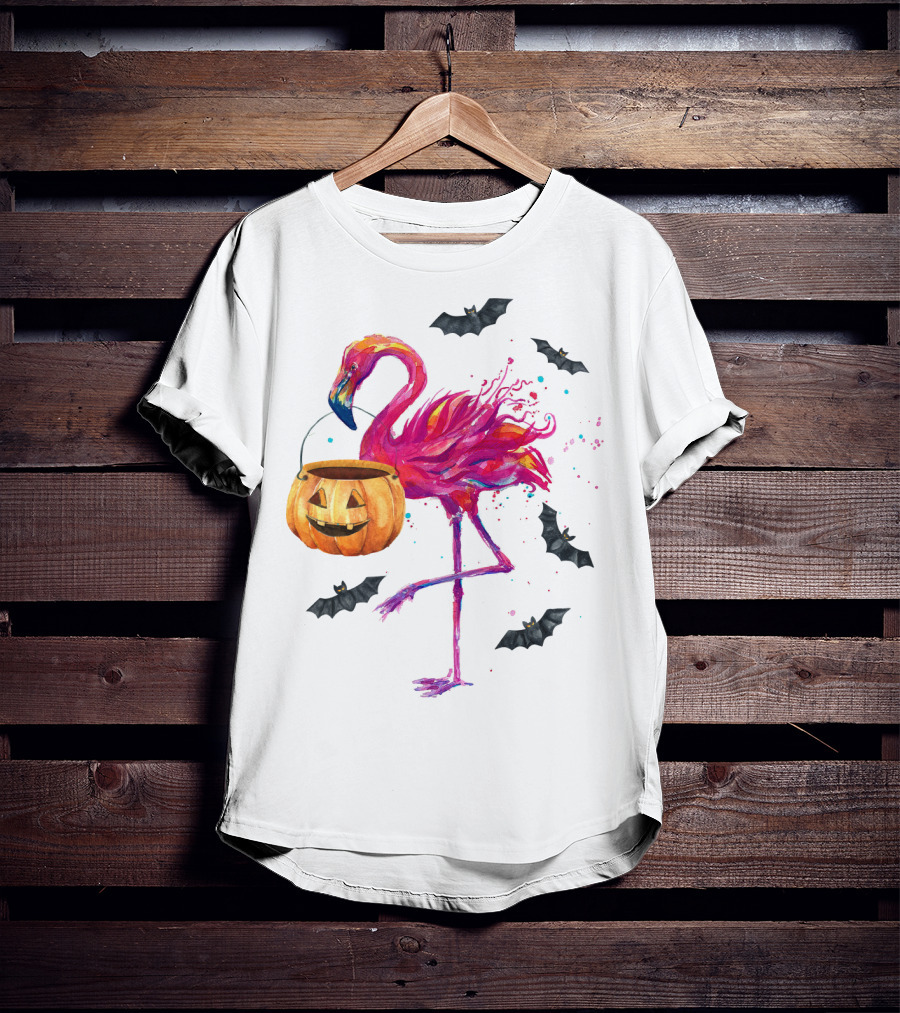 Flamingo With Halloween Pumpkin And Flying Bats T-Shirt