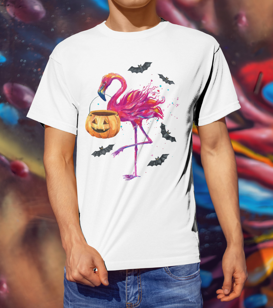 Flamingo With Halloween Pumpkin And Flying Bats T-Shirt