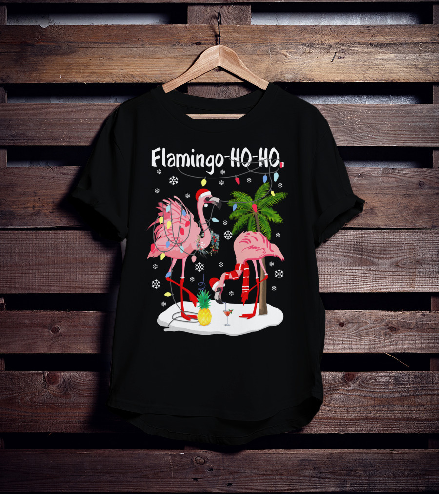 Flamingo HO-HO Christmas Lights And Snowflakes Holiday Scene T-Shirt