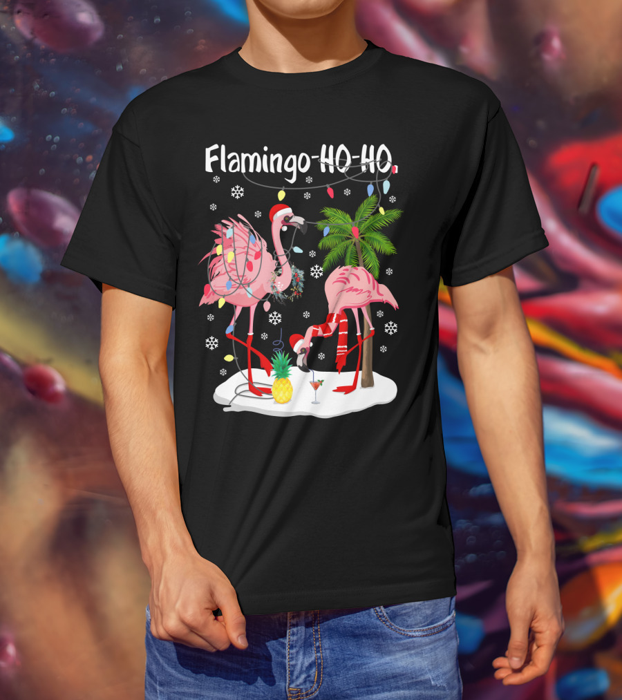 Flamingo HO-HO Christmas Lights And Snowflakes Holiday Scene T-Shirt