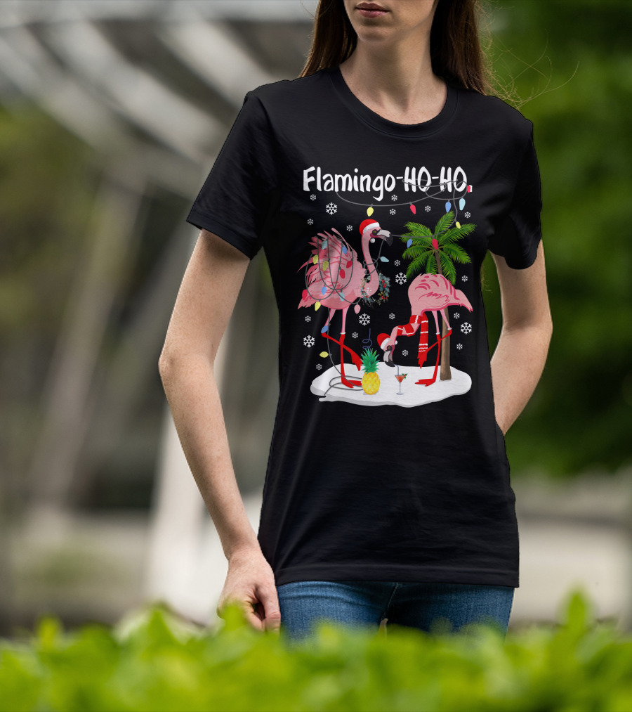 Flamingo HO-HO Christmas Lights And Snowflakes Holiday Scene T-Shirt