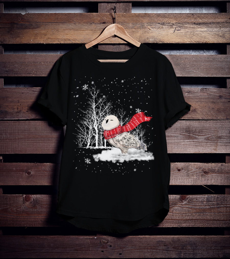 Snowy Owl Red Scarf Winter Scene T-Shirt