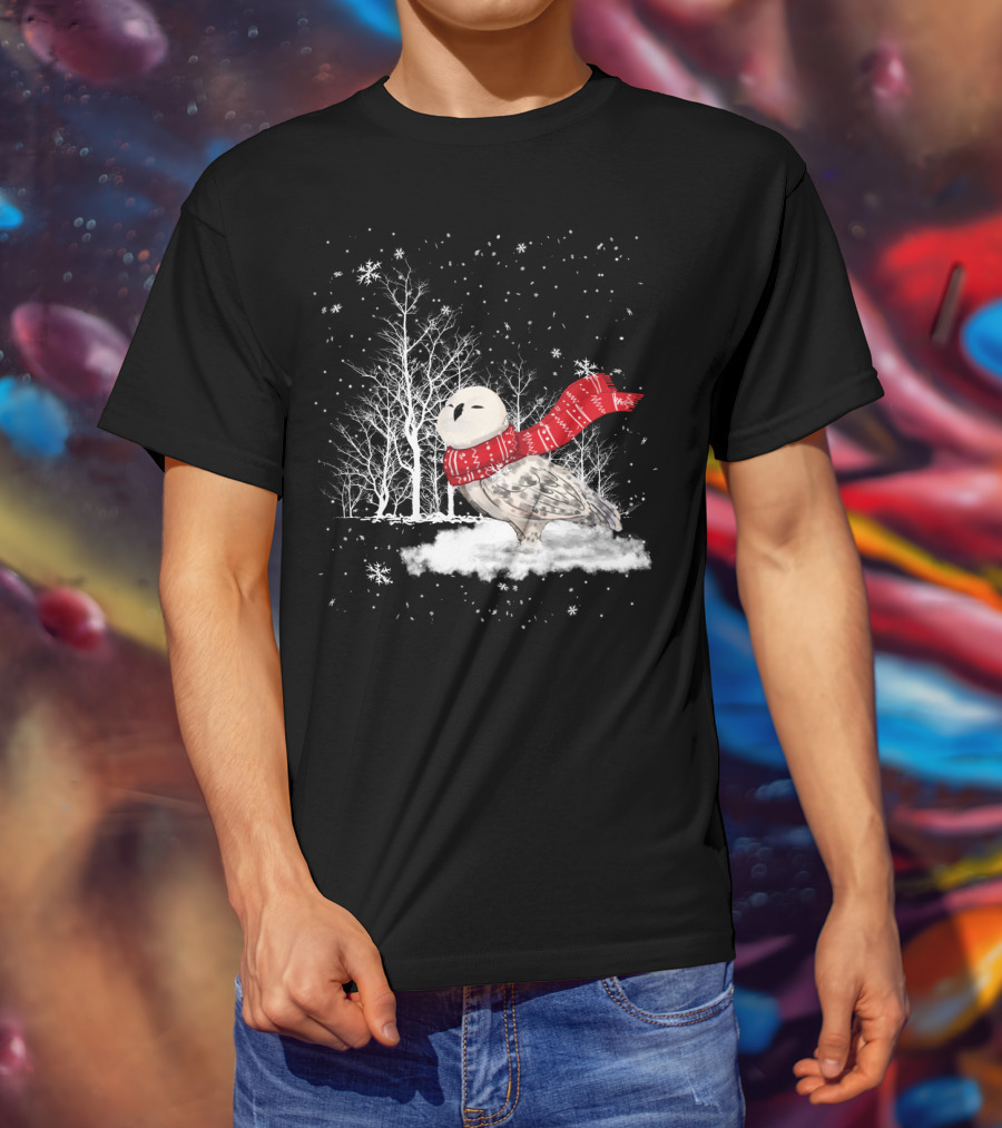 Snowy Owl Red Scarf Winter Scene T-Shirt