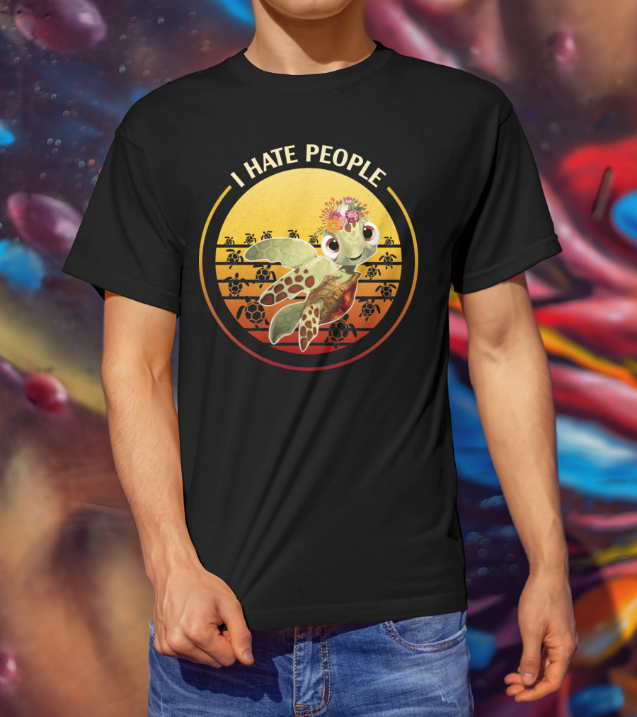 I Hate People Flower Turtle Retro Sunset T-Shirt