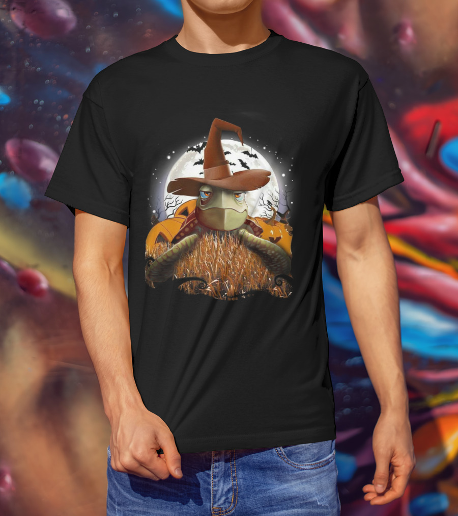 Halloween Turtle In Witch Hat Moonlit Pumpkin Patch T-Shirt