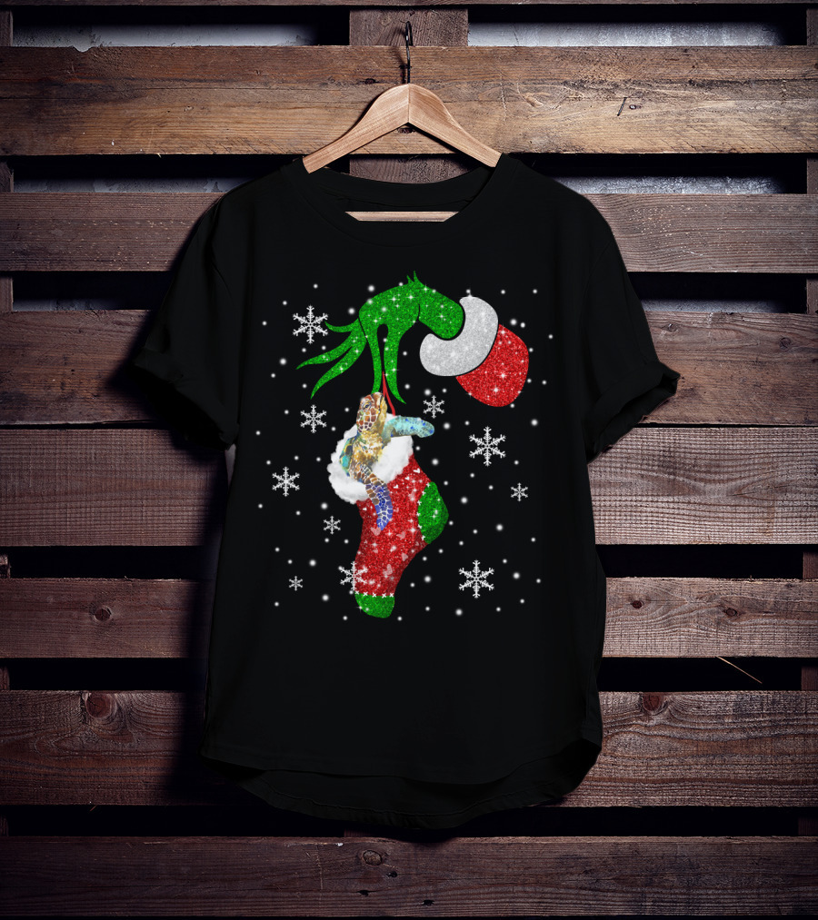 Grinch Christmas Turtle In Glittery Stocking With Snowflakes T-Shirt