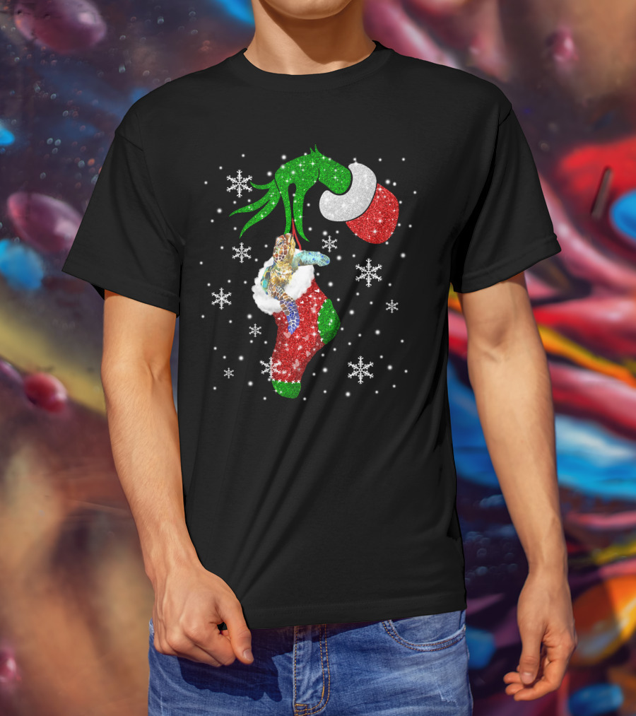 Grinch Christmas Turtle In Glittery Stocking With Snowflakes T-Shirt