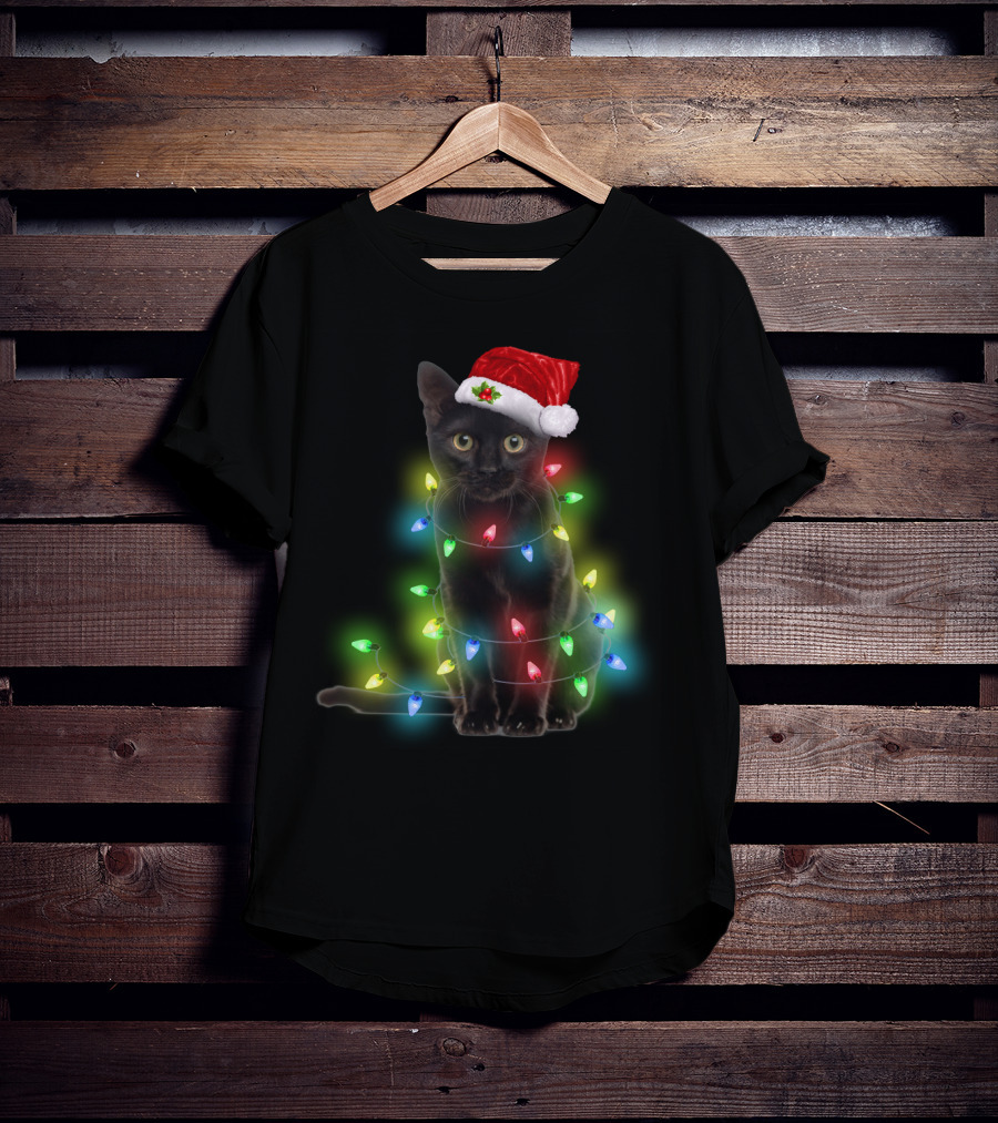 Cat Wrapped In Christmas Lights With Santa Hat T-Shirt