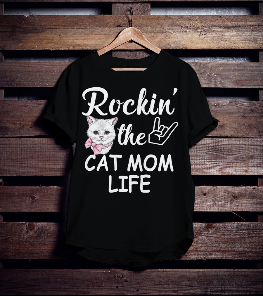 Rockin' The Cat Mom Life With Rock Hand And Pink Bow Cat T-Shirt