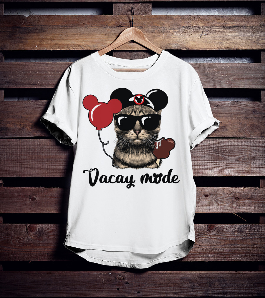 Vacay Mode Cat With Mouse Ears, Balloon, Sunglasses, Chocolate For Fans T-Shirt