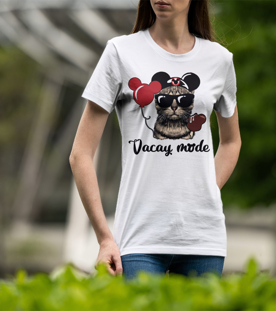 Vacay Mode Cat With Mouse Ears, Balloon, Sunglasses, Chocolate For Fans T-Shirt