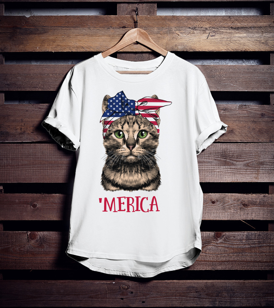 Cat With American Flag Bandana 'Merica T-Shirt