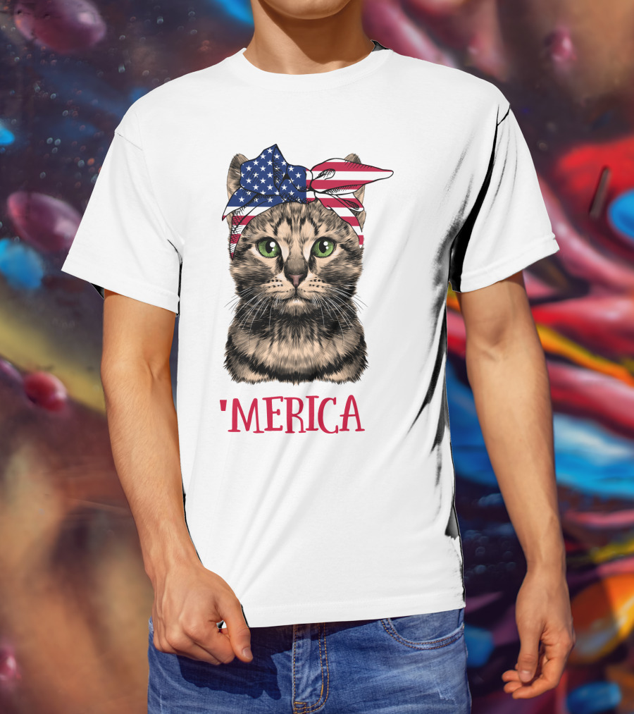 Cat With American Flag Bandana 'Merica T-Shirt