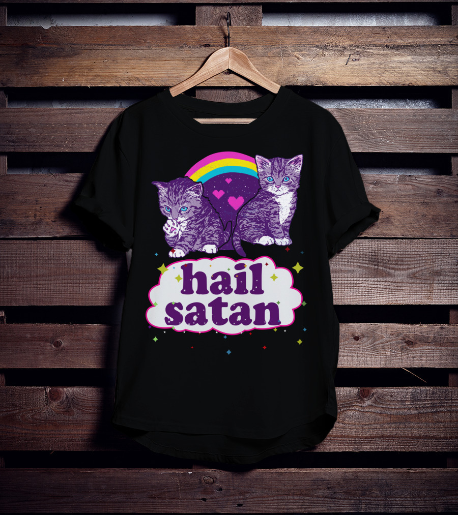 Hail Satan Cats With Rainbow And Hearts T-Shirt