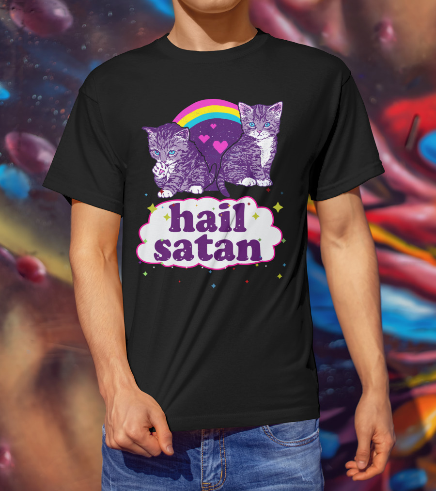 Hail Satan Cats With Rainbow And Hearts T-Shirt