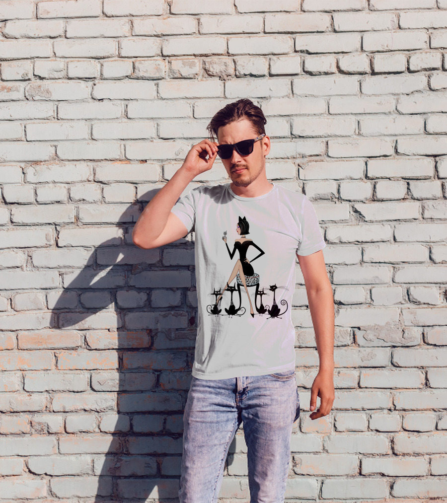 Stylish Cat Lady With Elegant Black Cats And Wine T-Shirt