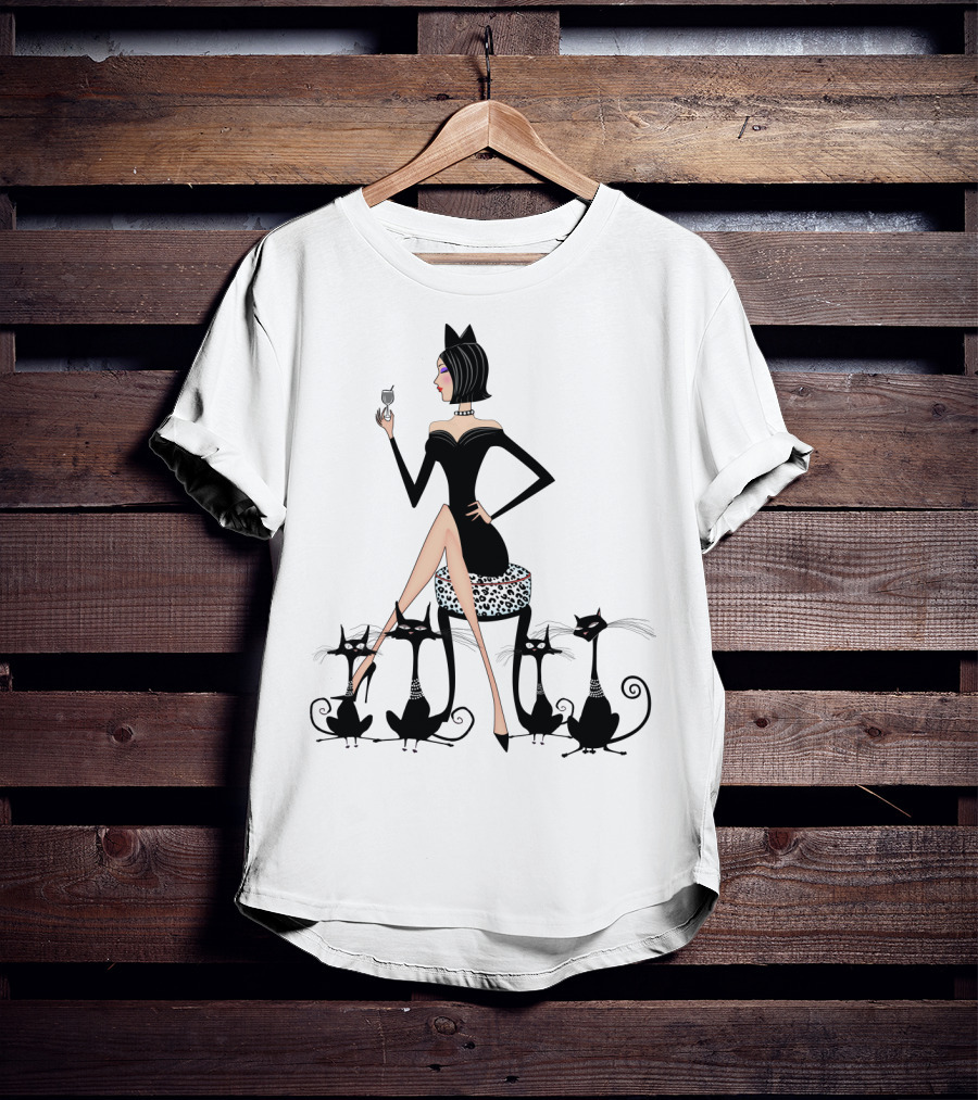 Stylish Cat Lady With Elegant Black Cats And Wine T-Shirt