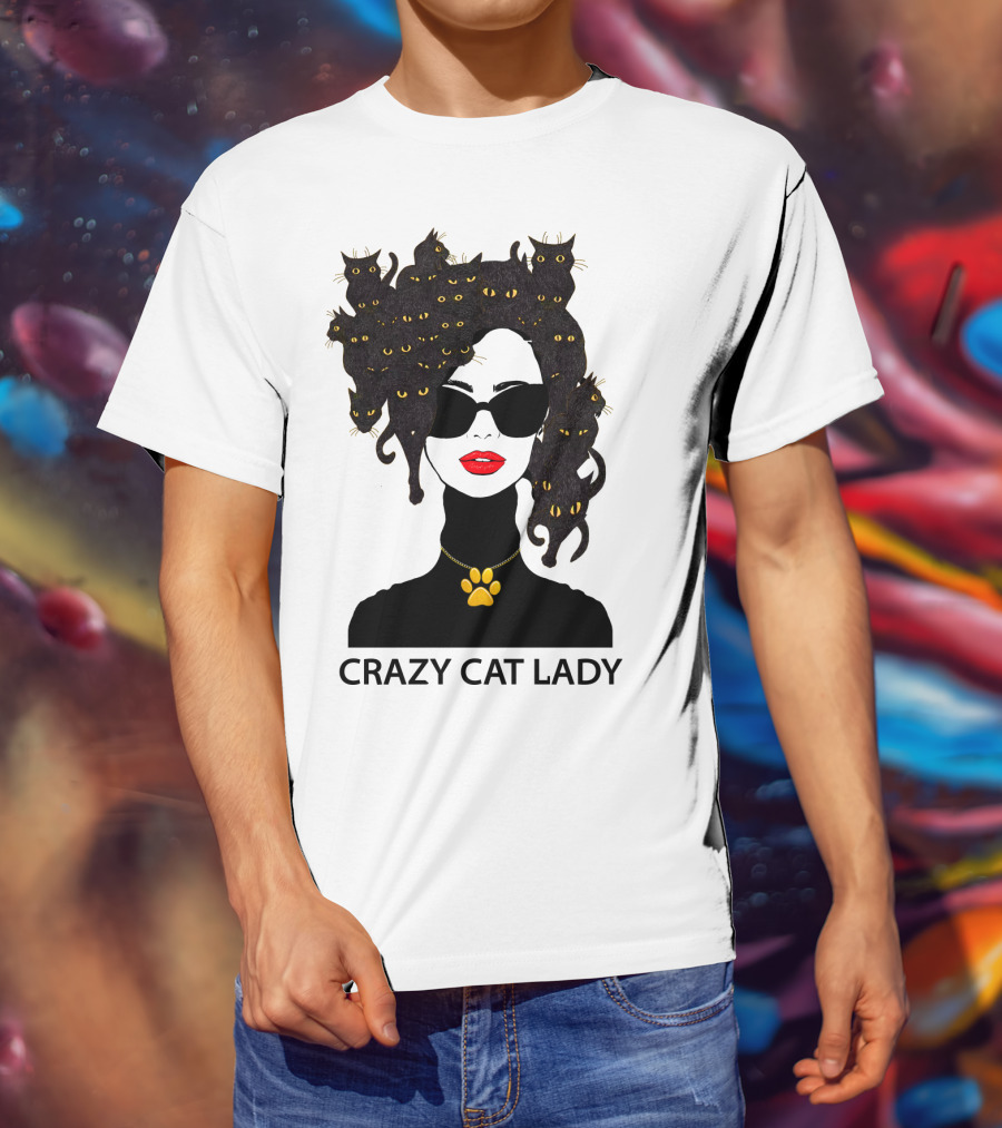 CRAZY CAT LADY Cat Afro Sunglasses Red Lips Golden Paw Necklace T-Shirt