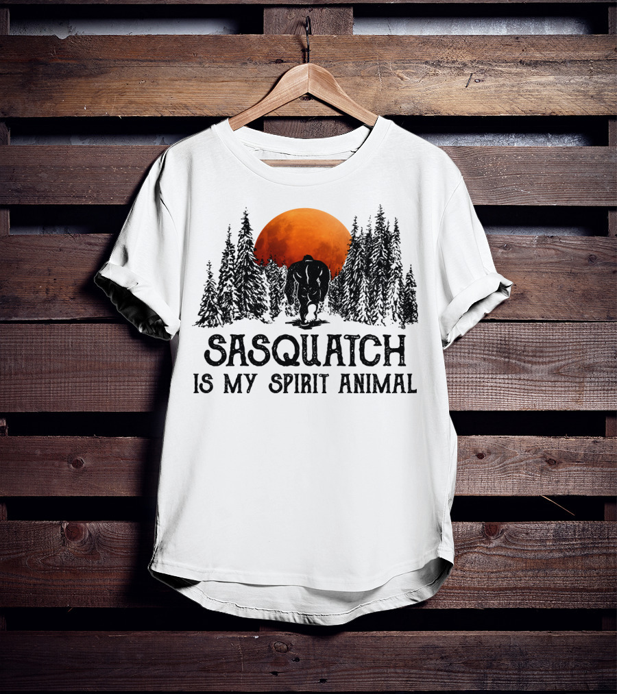 Sasquatch Is My Spirit Animal Forest Silhouette With Orange Moon T-Shirt