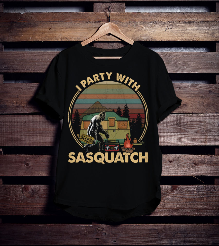 I Party With Sasquatch Beer Campfire Retro Camper Boombox T-Shirt