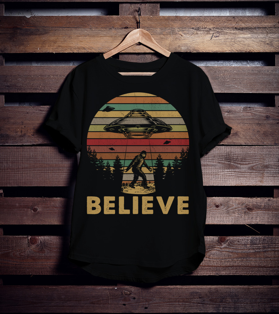 Believe Bigfoot UFO Vintage Stripes Forest Retro T-Shirt