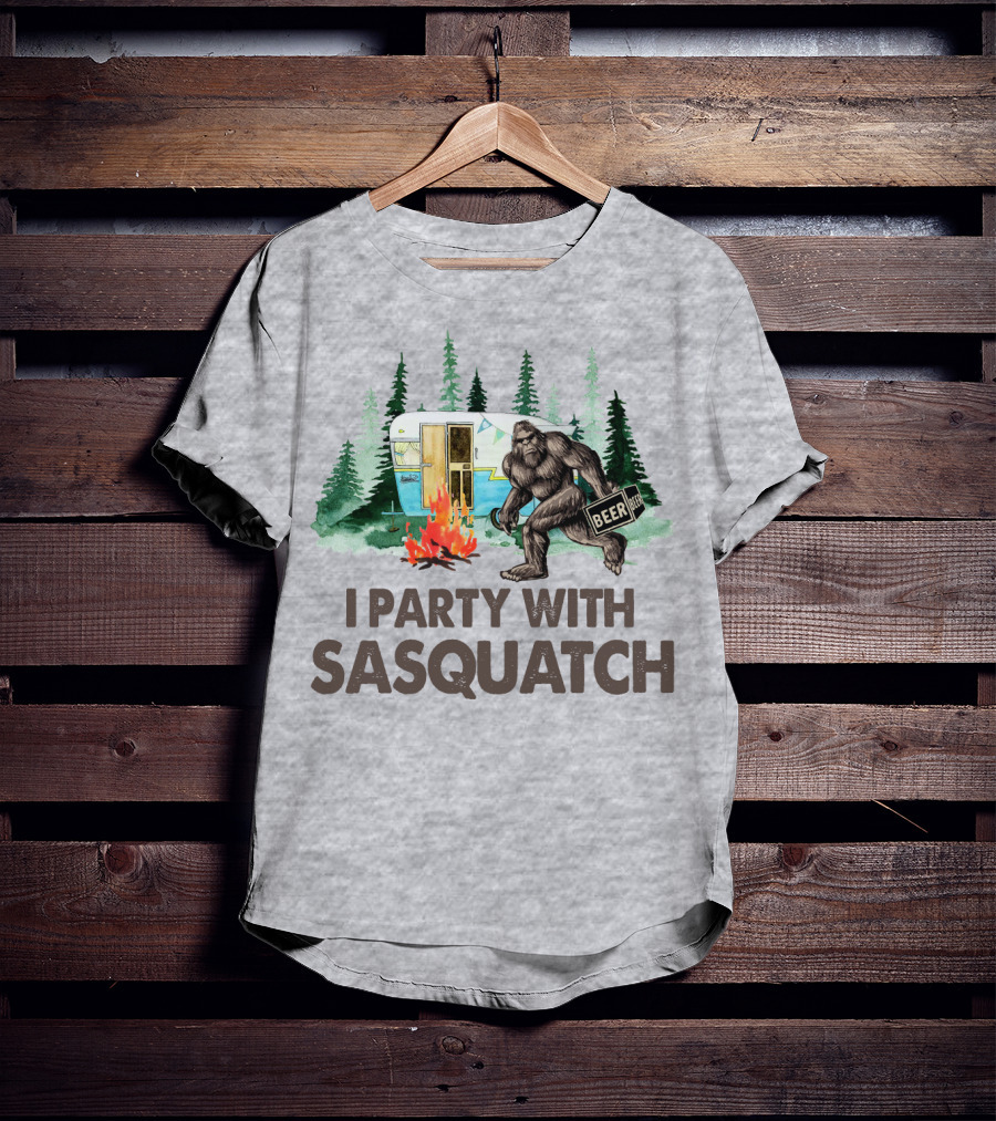Beer I Party With Sasquatch Camper Fire Forest Scene T-Shirt