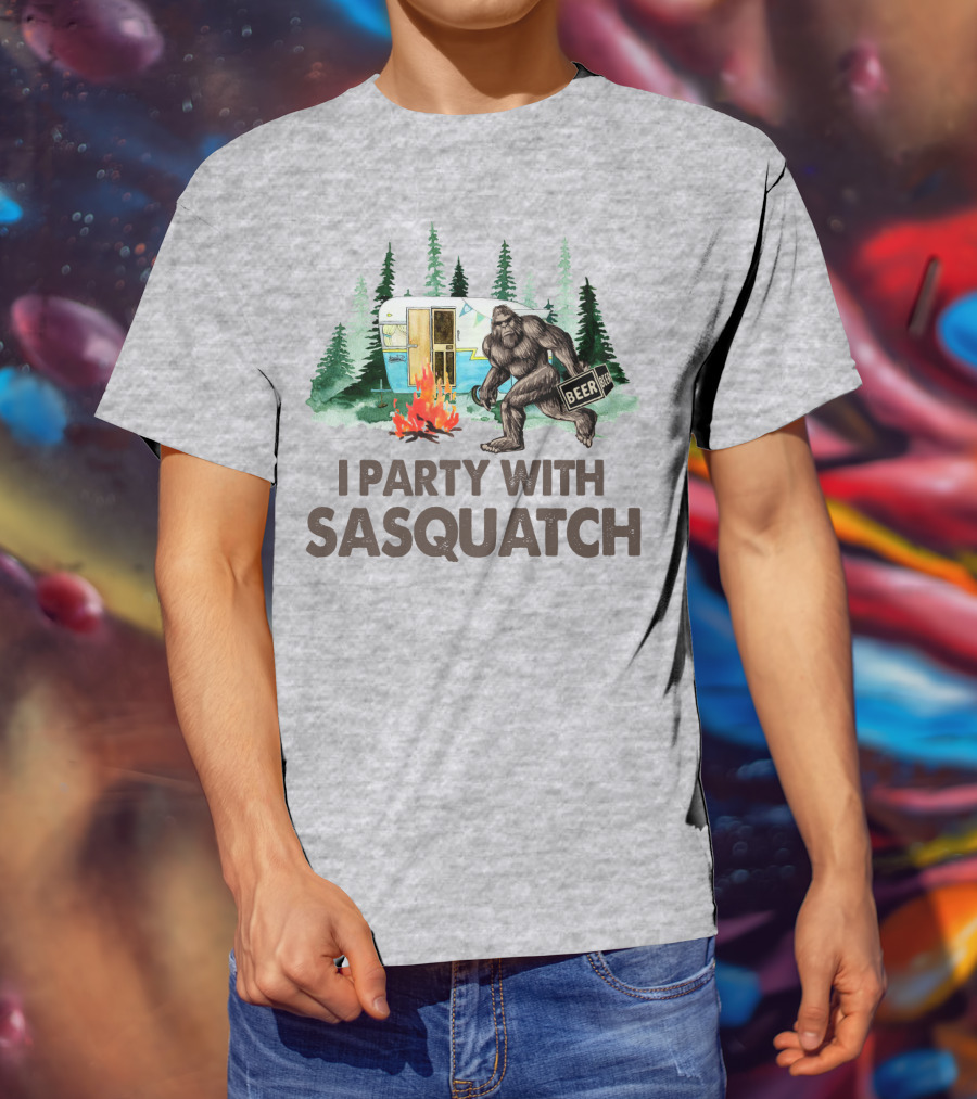 Beer I Party With Sasquatch Camper Fire Forest Scene T-Shirt