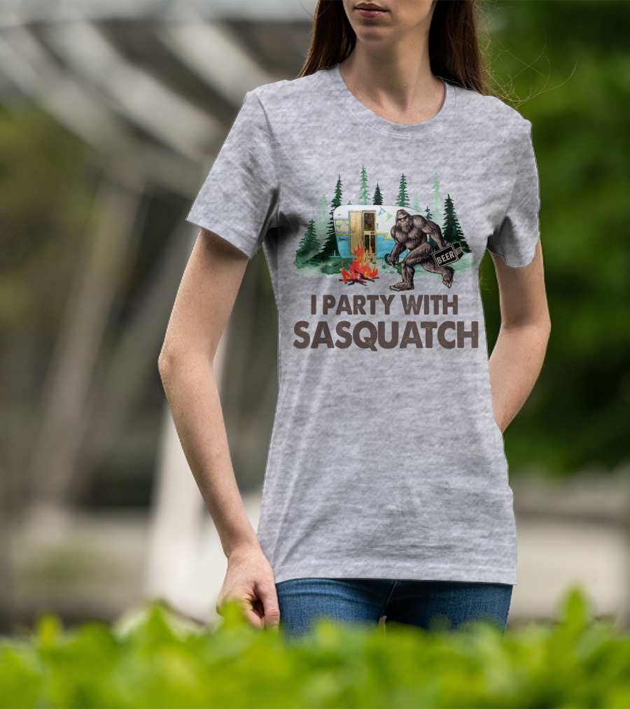 Beer I Party With Sasquatch Camper Fire Forest Scene T-Shirt