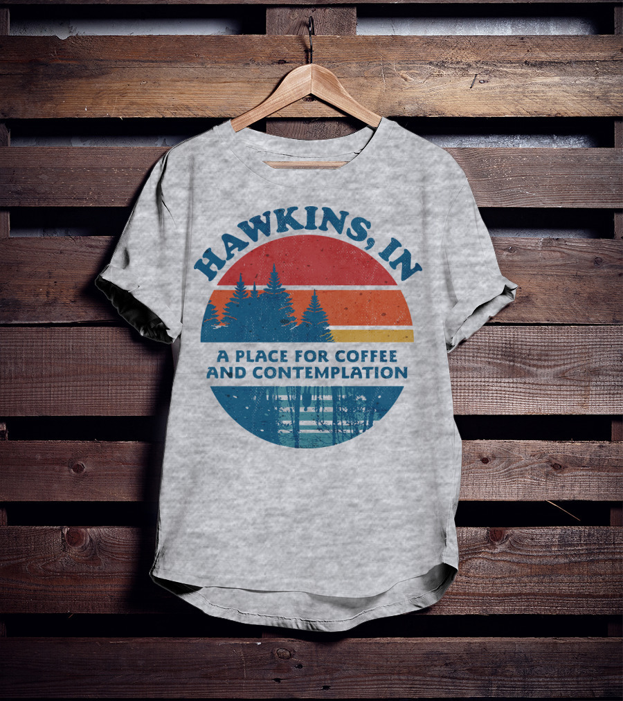 HAWKINS, IN A Place For Coffee And Contemplation Vintage Forest Sunset Circle T-Shirt
