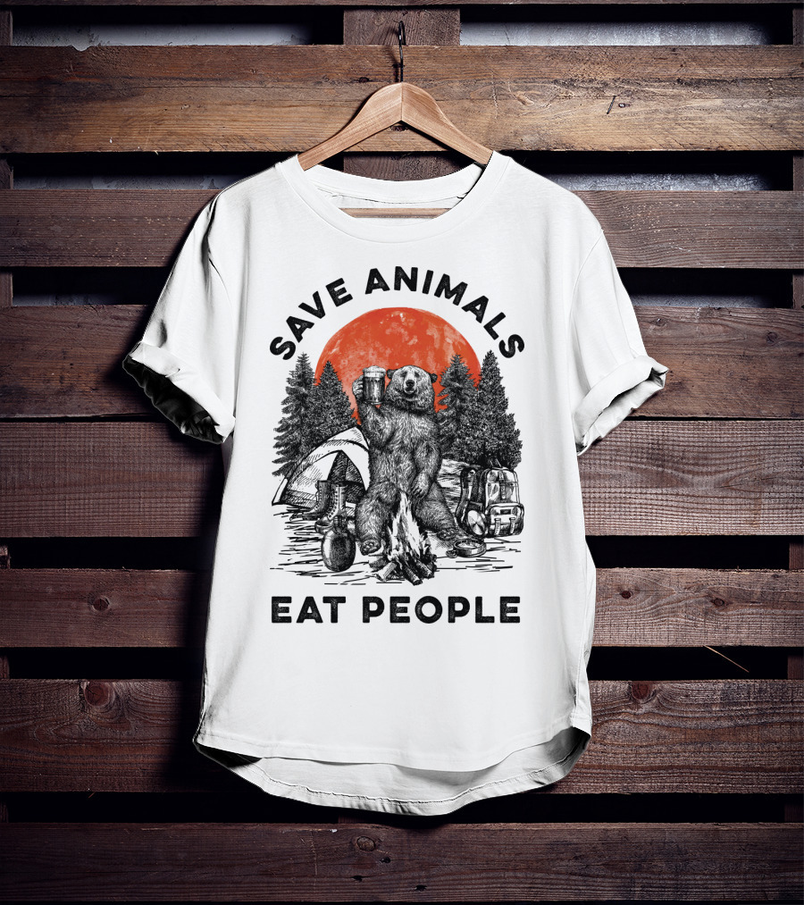 Save Animals Eat People Camping Bear Campfire Scene T-Shirt