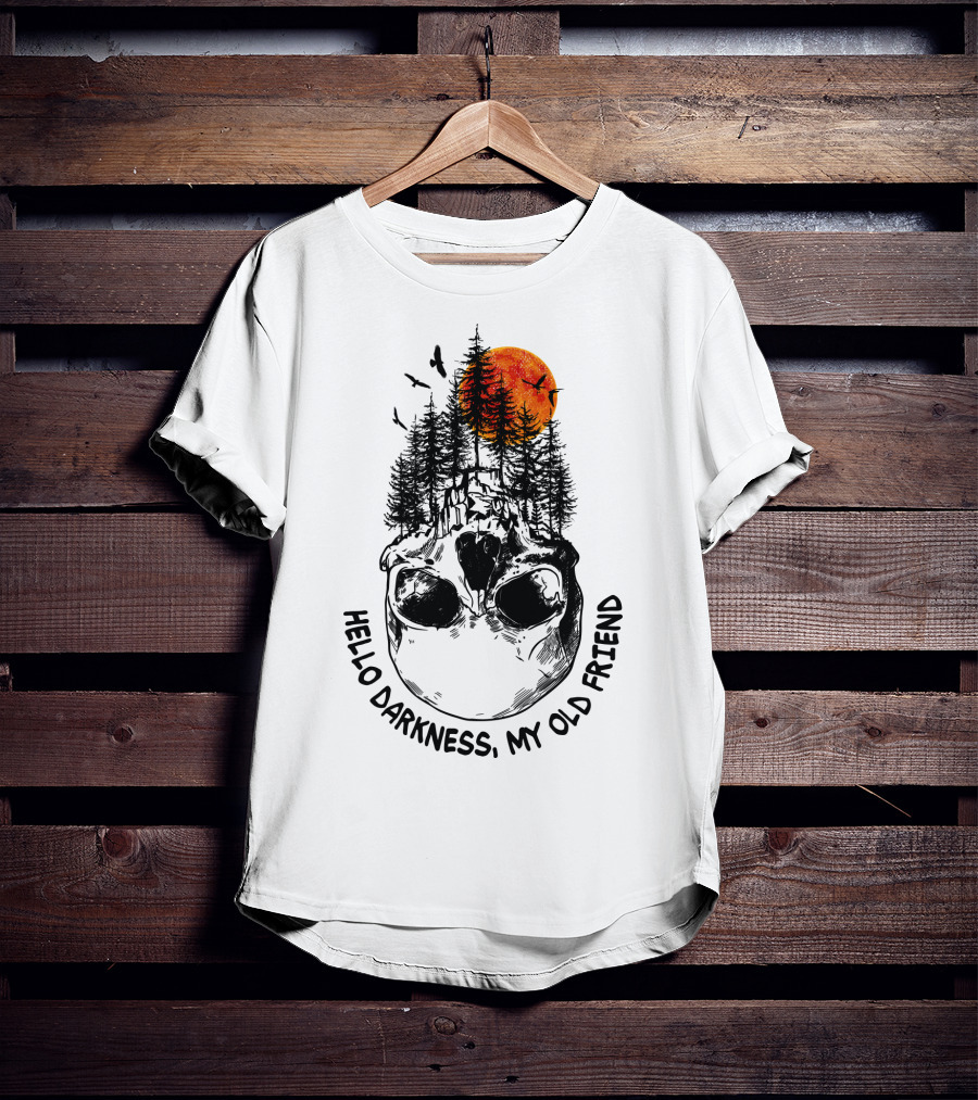 Hello Darkness My Old Friend Skull Forest Red Moon Birds Camping T-Shirt