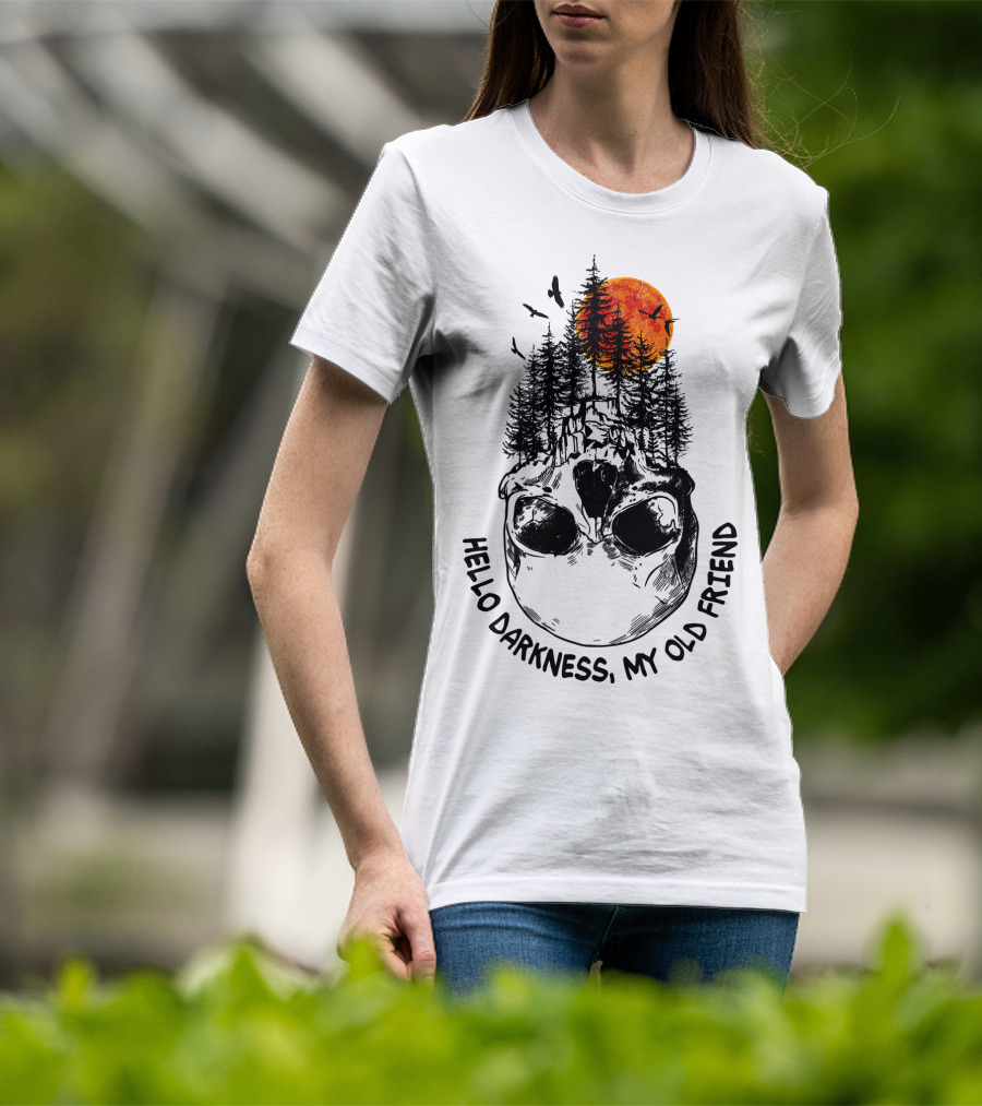 Hello Darkness My Old Friend Skull Forest Red Moon Birds Camping T-Shirt
