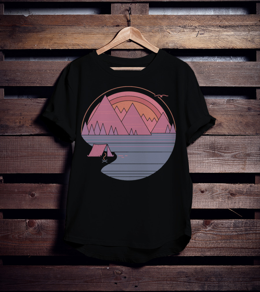 Camping Landscape With Mountains, Tent, Campfire, Sunset, And Bird In Circle T-Shirt