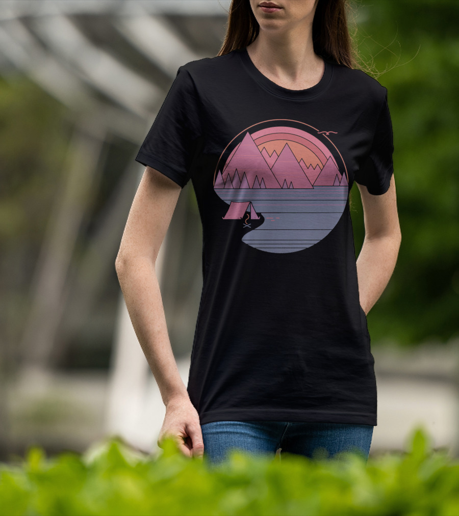 Camping Landscape With Mountains, Tent, Campfire, Sunset, And Bird In Circle T-Shirt