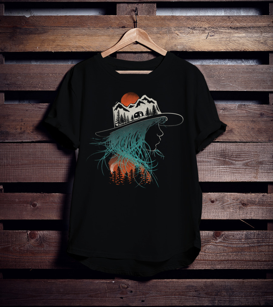 Camping Girl Mountain Hat Silhouette Forest Camper Scene T-Shirt