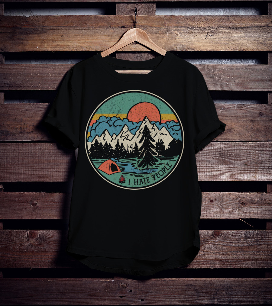 I Hate People Camping Mountains Retro Sunset Tent T-Shirt