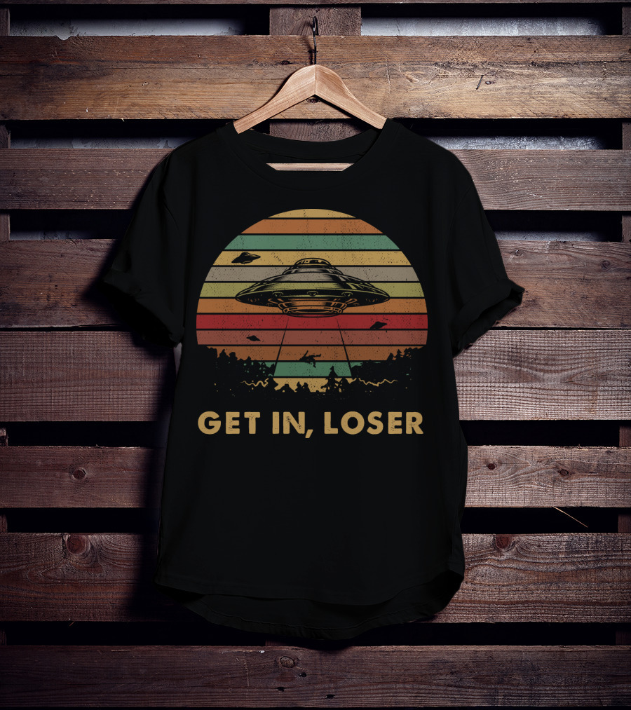 Get In Loser UFO Vintage Sunset Retro Stripes T-Shirt
