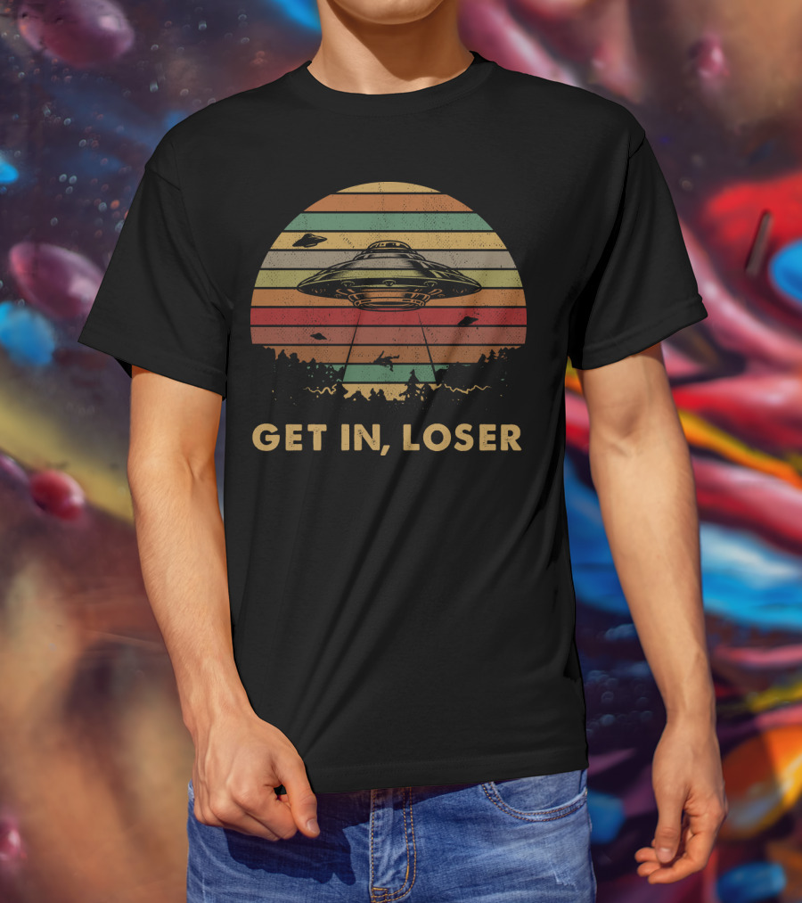 Get In Loser UFO Vintage Sunset Retro Stripes T-Shirt