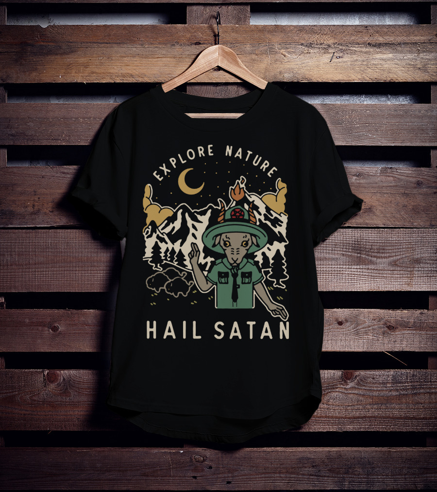 Explore Nature Hail Satan Moonlit Mountain Landscape Goat Character T-Shirt