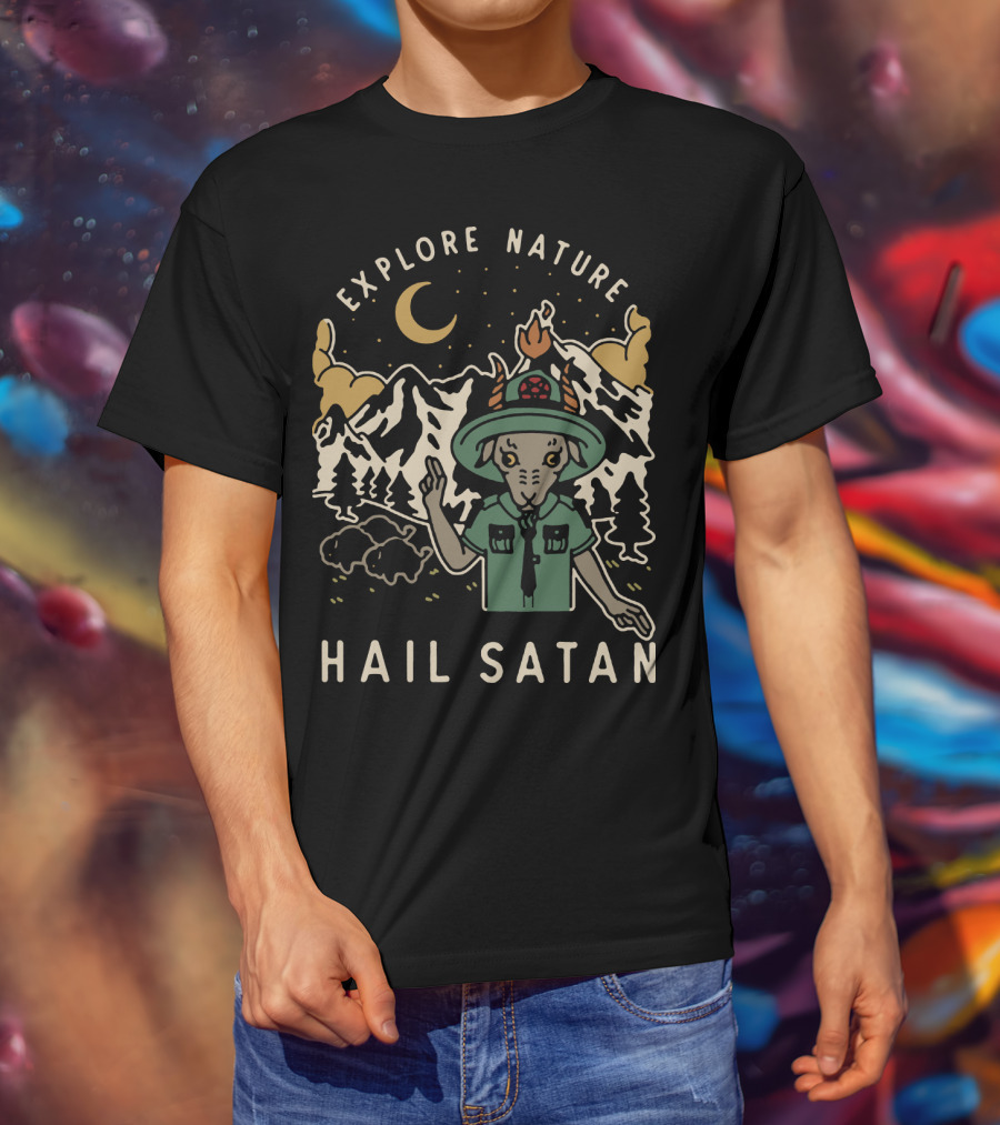 Explore Nature Hail Satan Moonlit Mountain Landscape Goat Character T-Shirt