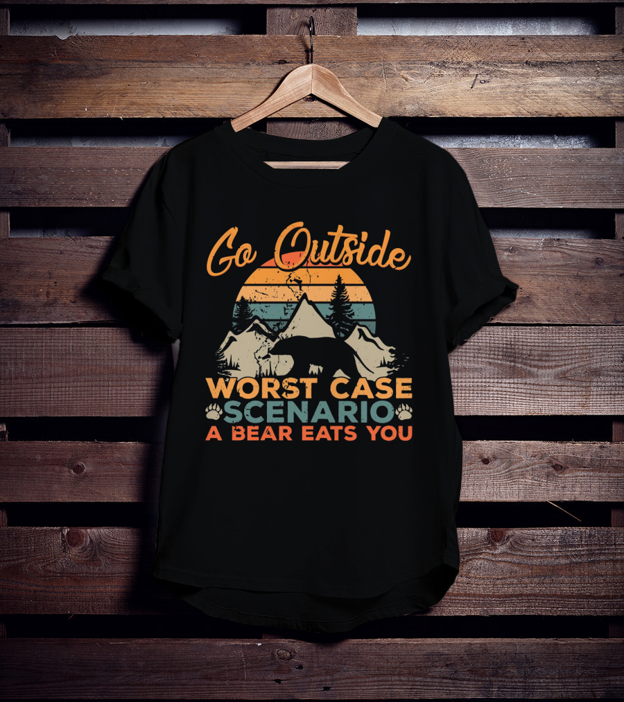 Go Outside Worst Case Scenario A Bear Eats You Retro Sunset Bear And Mountain T-Shirt