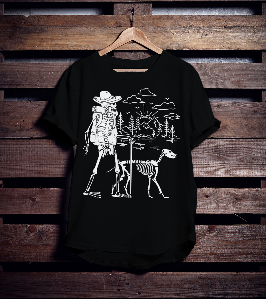Hiking Skeleton With Skeleton Dog In Mountain Forest Scene T-Shirt
