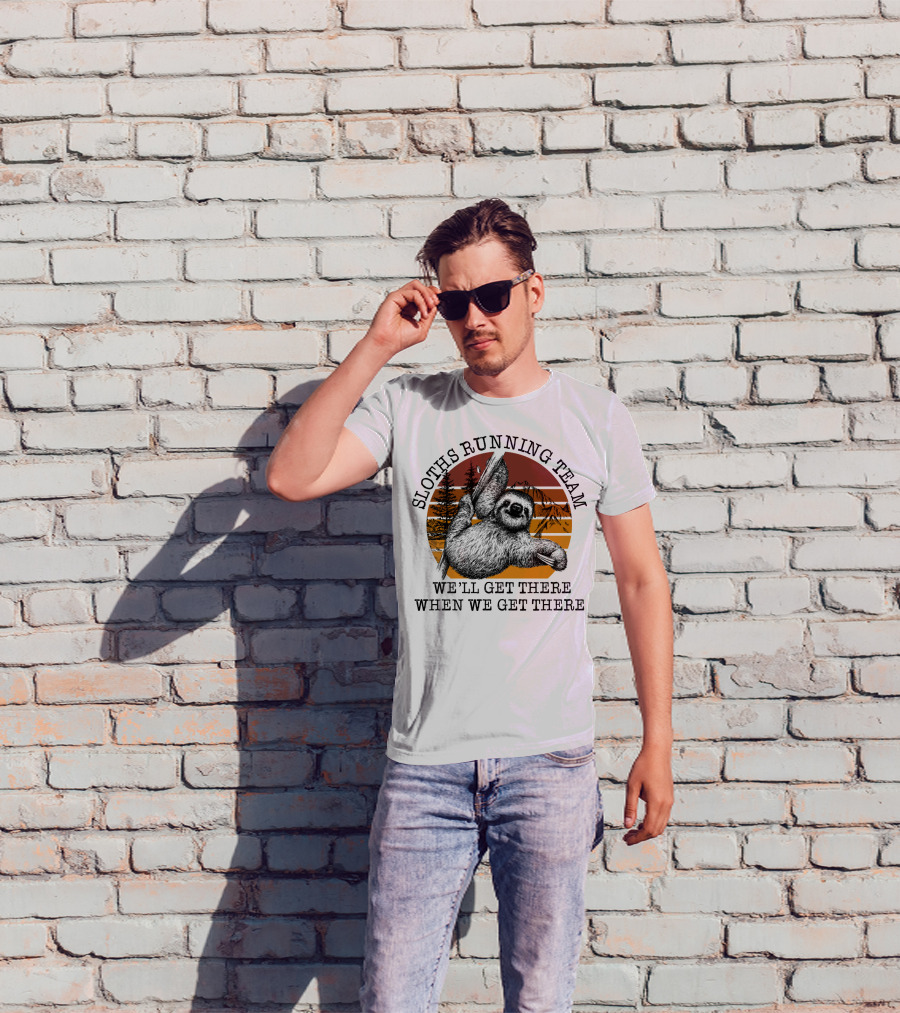 SLOTHS RUNNING TEAM WE'LL GET THERE WHEN WE GET THERE Retro Sunset Forest T-Shirt
